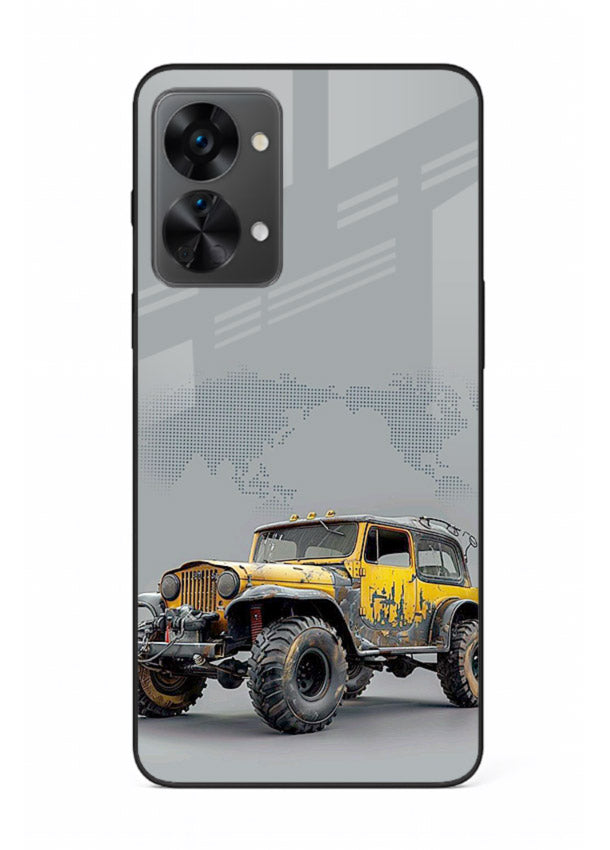 Yellow offroad vehicle on minimal world map background for OnePlus Nord 2T Back Cover