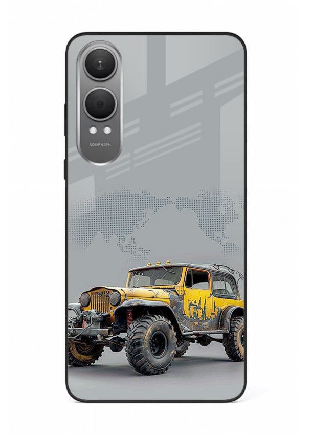 Yellow offroad vehicle on minimal world map background for OnePlus Nord CE4 Lite Back Cover