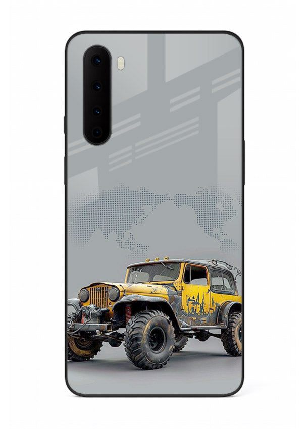 Yellow offroad vehicle on minimal world map background for OnePlus Nord Back Cover