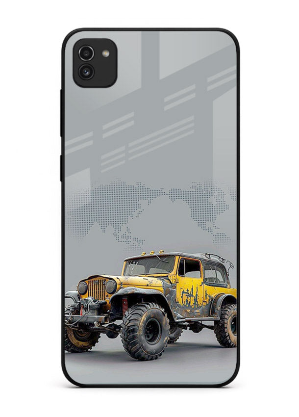 Yellow offroad vehicle on minimal world map background for Samsung A03 Back Cover
