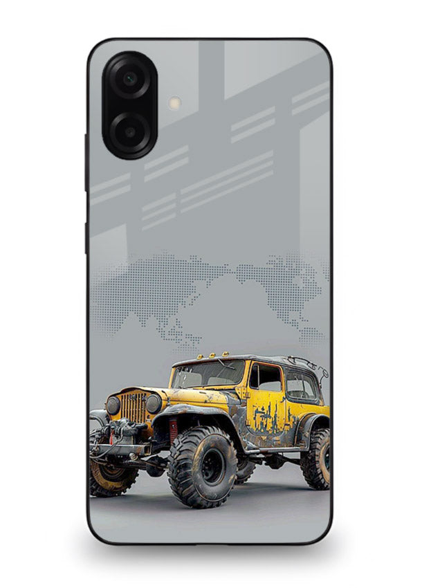 Yellow offroad vehicle on minimal world map background for Samsung A06 5G Back Cover