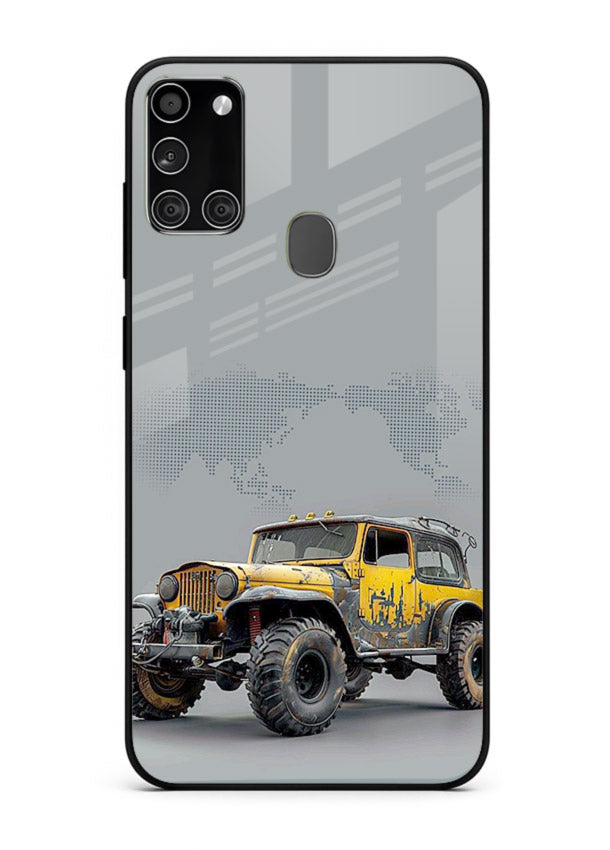 Yellow offroad vehicle on minimal world map background for Samsung A21s Back Cover