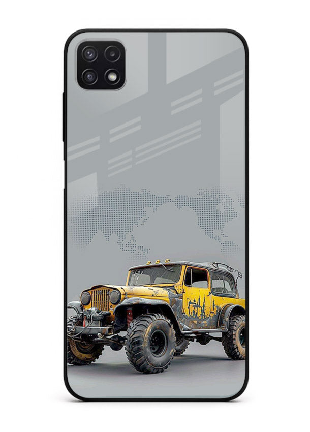 Yellow offroad vehicle on minimal world map background for Samsung A22 5G Back Cover