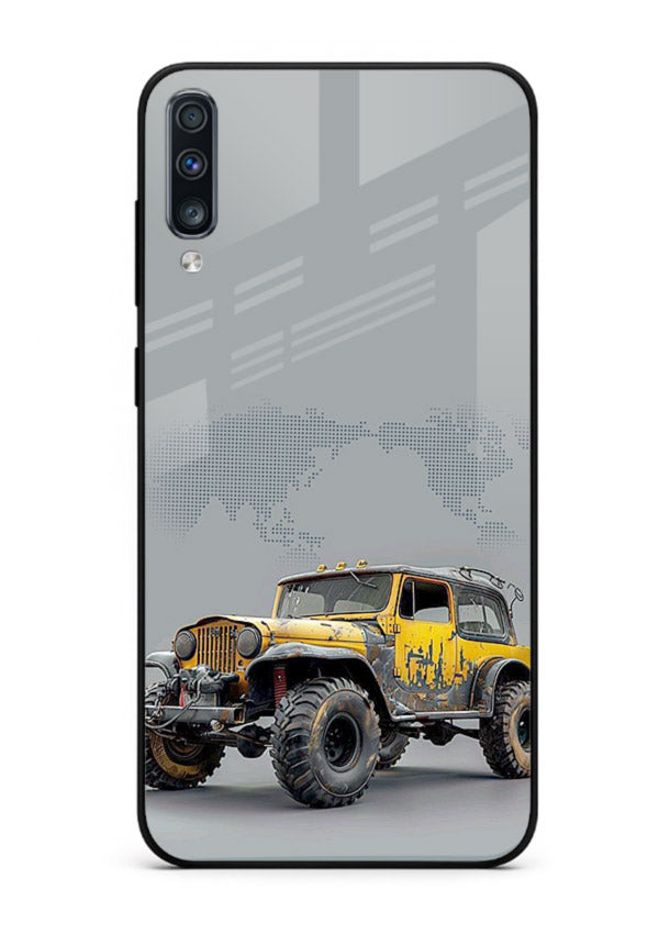 Yellow offroad vehicle on minimal world map background for Samsung A70 Back Cover