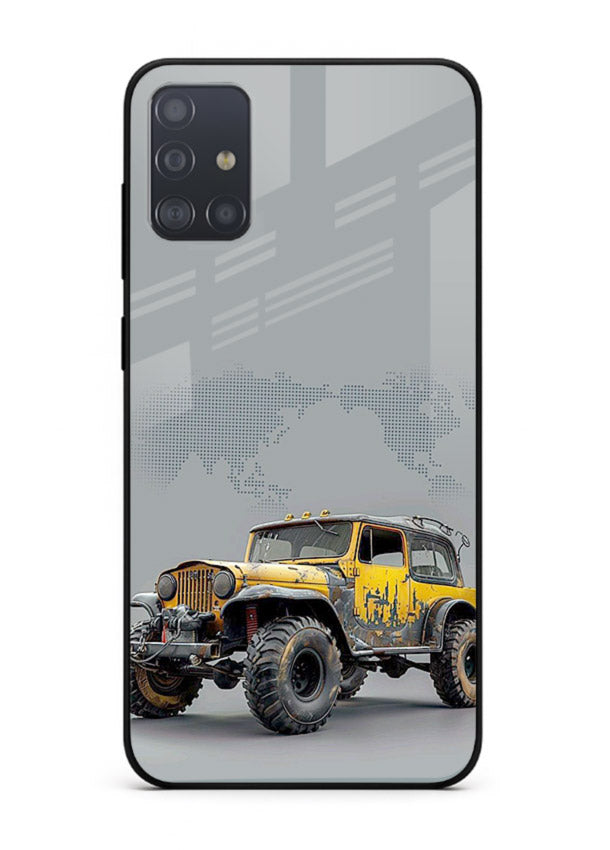 Yellow offroad vehicle on minimal world map background for Samsung A51 Back Cover