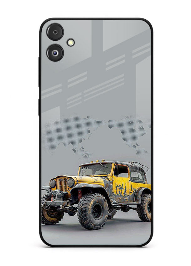 Yellow offroad vehicle on minimal world map background for Samsung F14 5G Back Cover
