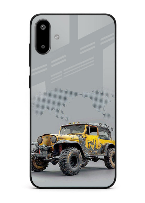 Yellow offroad vehicle on minimal world map background for Samsung F06 5G Back Cover