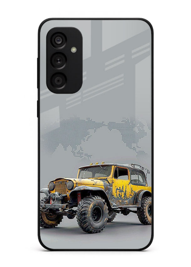Yellow offroad vehicle on minimal world map background for Samsung A04s 5G Back Cover