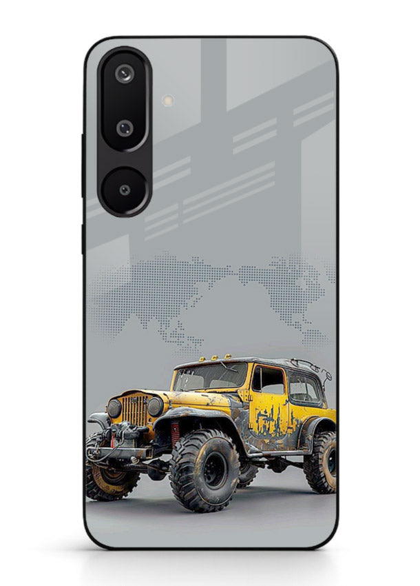 Yellow offroad vehicle on minimal world map background for Samsung M16 5G Back Cover