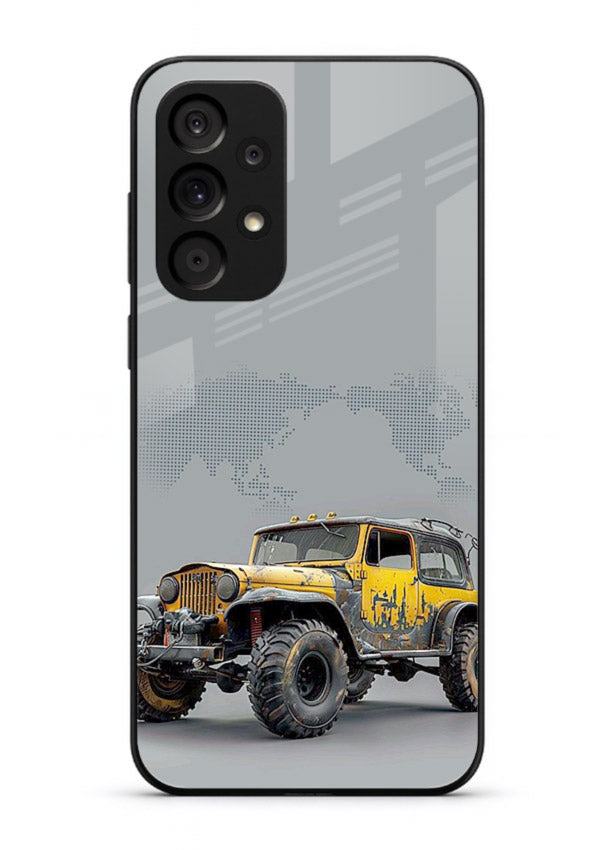 Yellow offroad vehicle on minimal world map background for Samsung A53 5G Back Cover