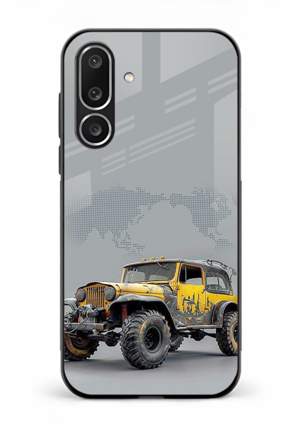 Yellow offroad vehicle on minimal world map background for Samsung M36 5G Back Cover