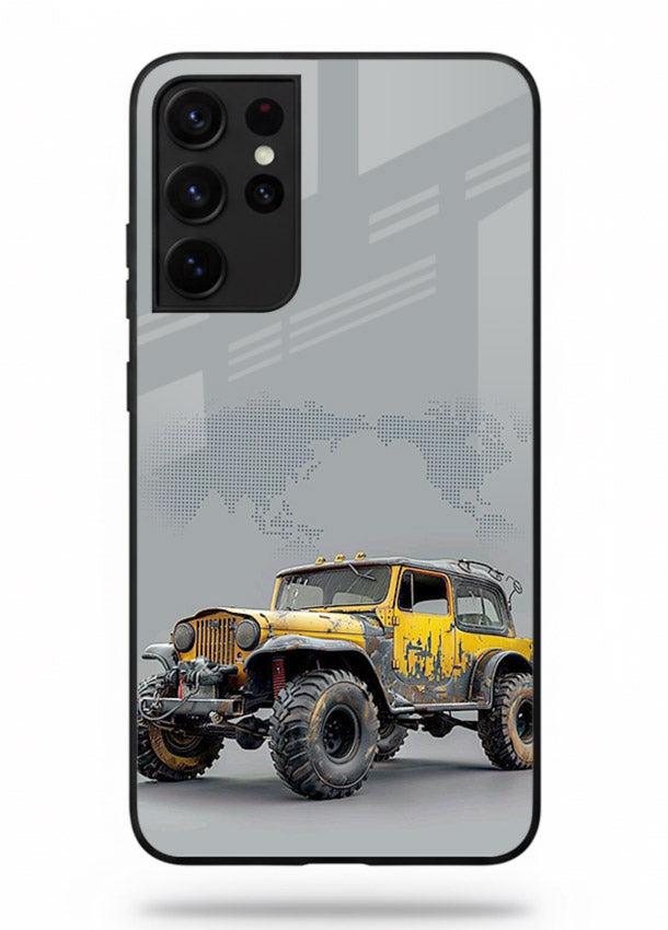 Yellow offroad vehicle on minimal world map background for Samsung S21 Ultra Back Cover