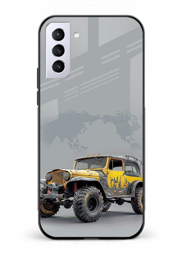 Yellow offroad vehicle on minimal world map background for Samsung S21 Plus Back Cover