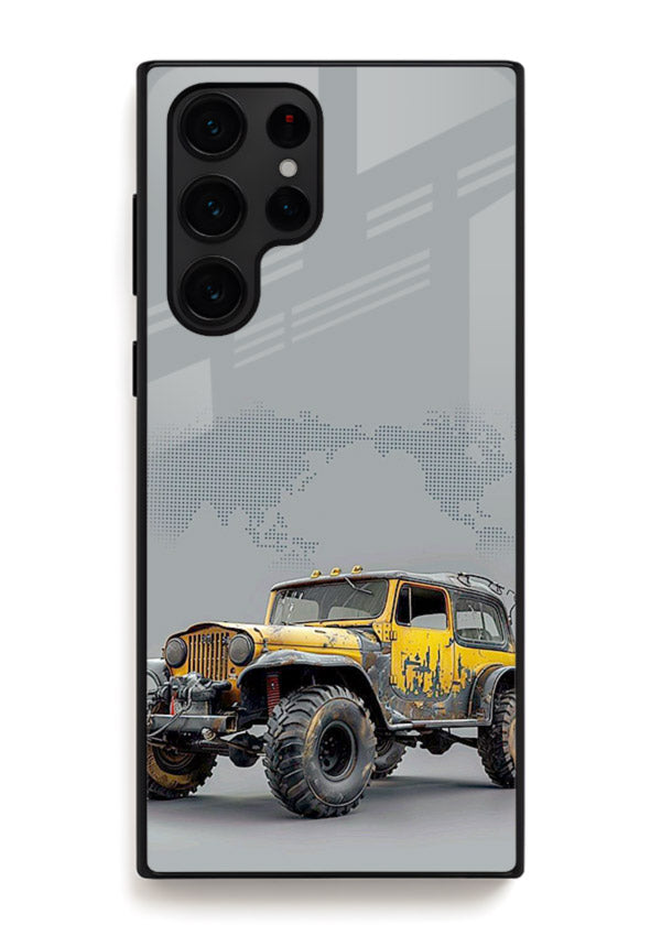 Yellow offroad vehicle on minimal world map background for Samsung S24 Ultra Back Cover
