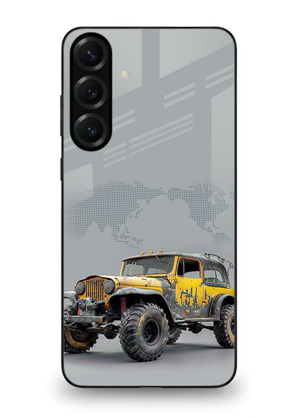 Yellow offroad vehicle on minimal world map background for Samsung A56 5G Back Cover
