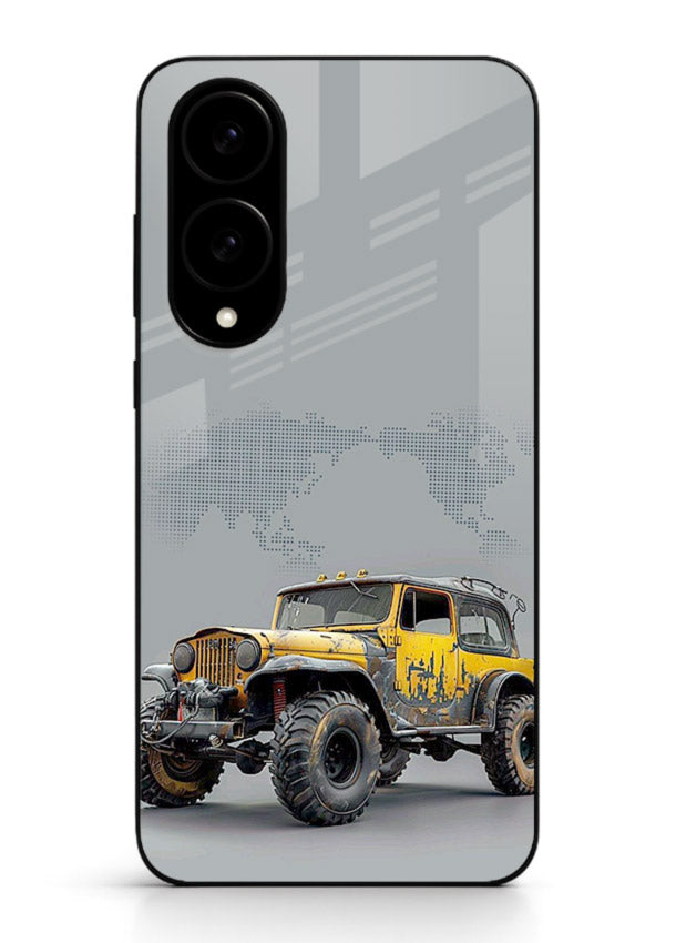Yellow offroad vehicle on minimal world map background for Samsung S25 Edge Back Cover