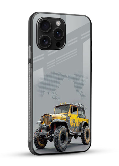 Yellow offroad vehicle on minimal world map background - 2