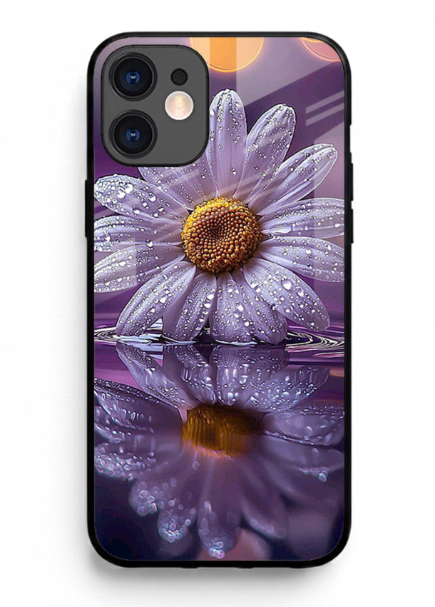Purple daisy artwork on iphone 12 glass back cover with soft dewy tones.