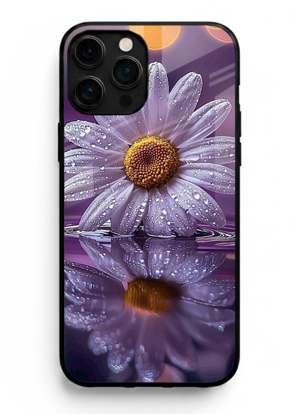Purple daisy artwork on iphone 12 pro max glass back cover with soft dewy tones.