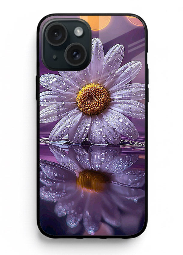 Purple daisy artwork on iphone 13 mini glass back cover with soft dewy tones.