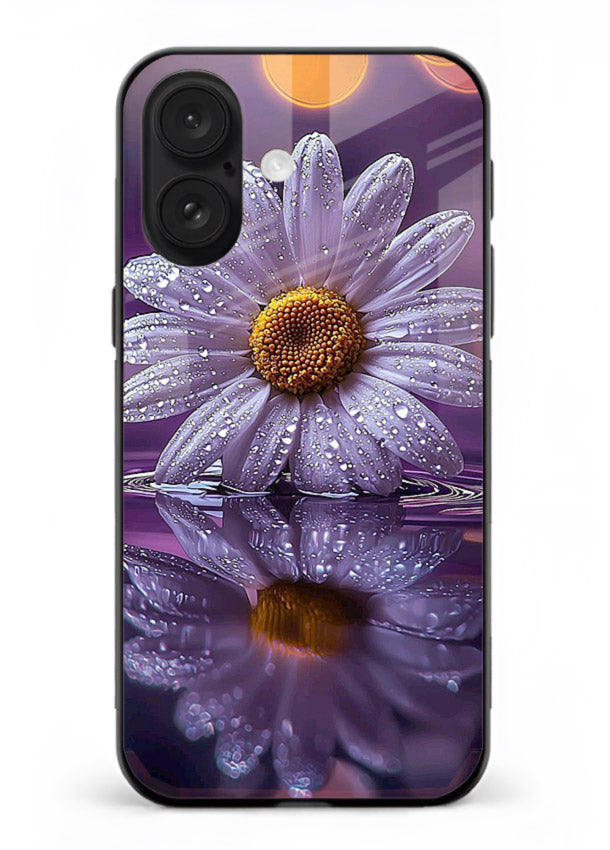 Purple daisy artwork on iphone 18 glass back cover with soft dewy tones.