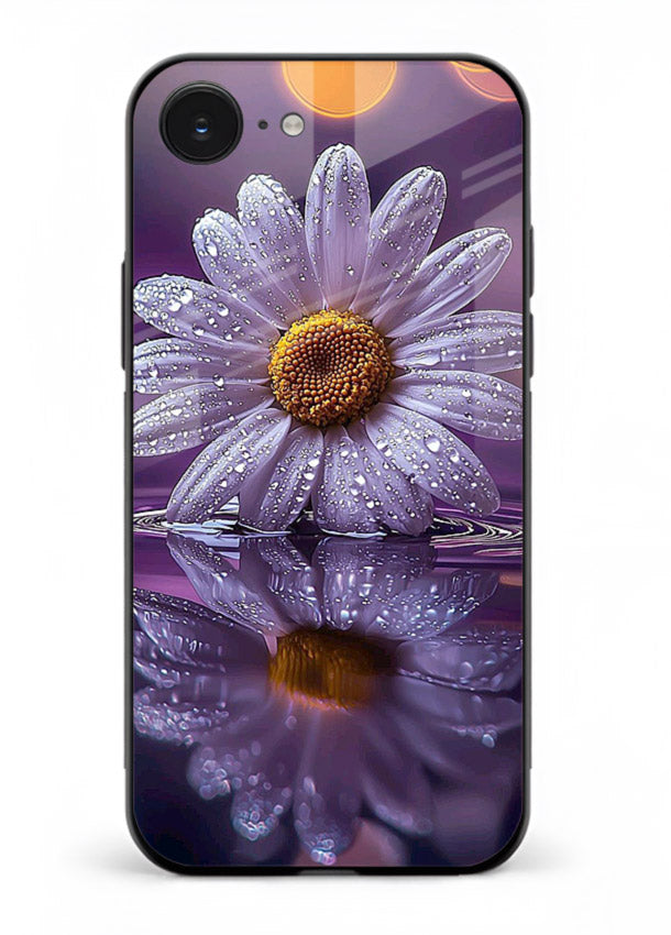 Purple daisy artwork on iphone 16e glass back cover with soft dewy tones.