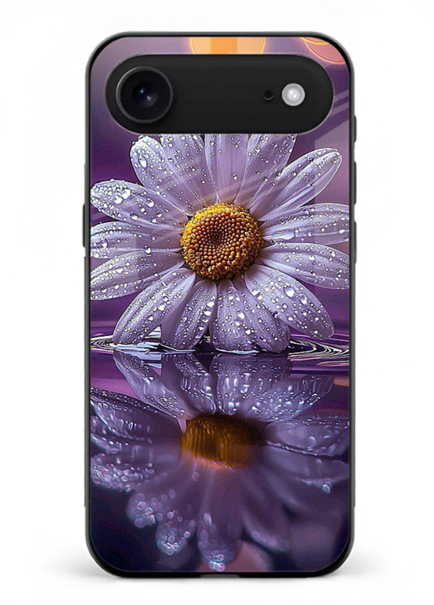 Purple daisy artwork on iphone 18 air glass back cover with soft dewy tones.