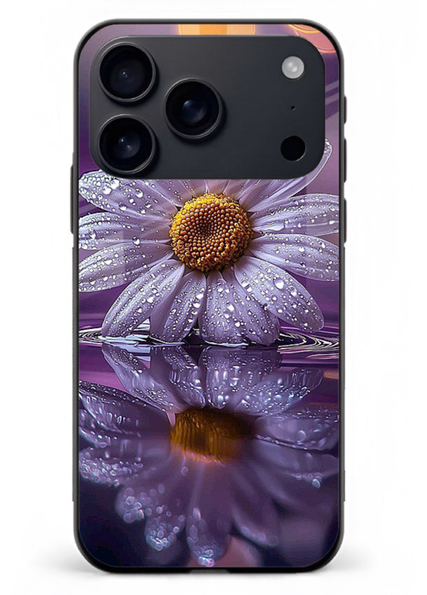Purple daisy artwork on iphone 18 pro max glass back cover with soft dewy tones.