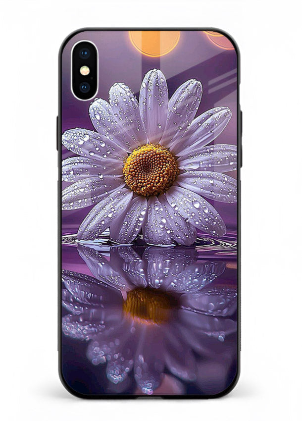 Purple daisy artwork on iphone xs max glass back cover with soft dewy tones.