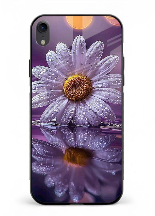 Purple daisy artwork on iphone xr glass back cover with soft dewy tones.