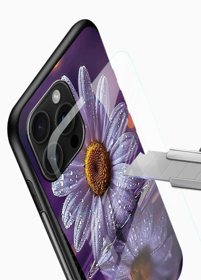 Purple daisy artwork on glossy vibrant premium glass back cover with soft dewy tones. - Angle Blade