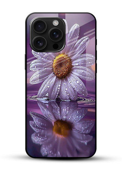Purple daisy artwork on glossy vibrant premium glass back cover with soft dewy tones. - Angle Front