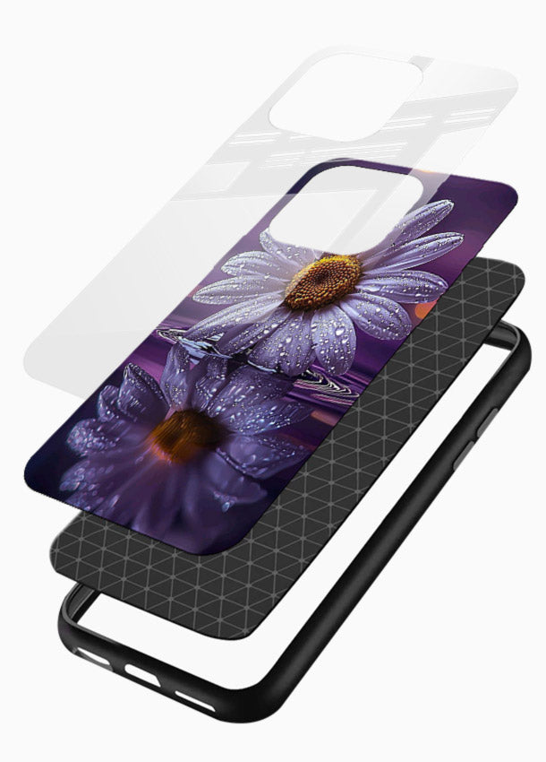 Purple daisy artwork on glossy vibrant premium glass back cover with soft dewy tones. - Angle Layers