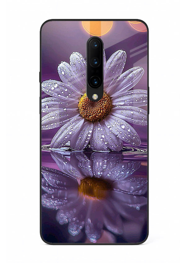 Purple daisy artwork on OnePlus 7T Pro glass back cover with soft dewy tones.