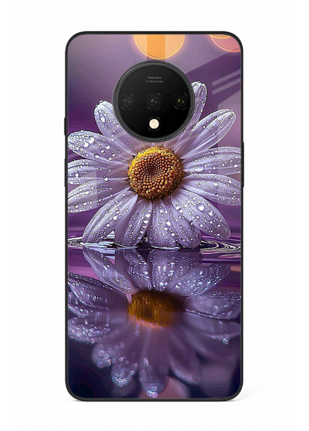 Purple daisy artwork on OnePlus 7T glass back cover with soft dewy tones.