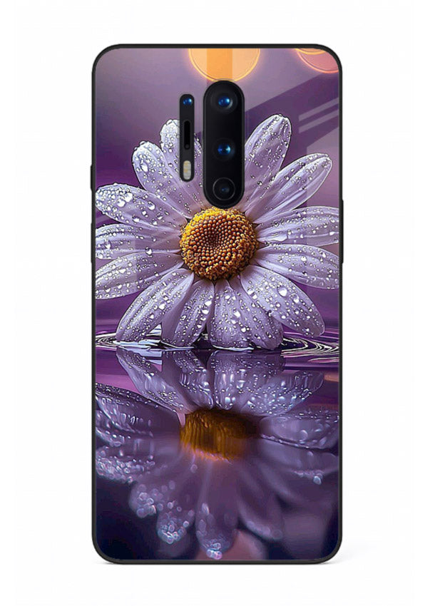 Purple daisy artwork on OnePlus 8 Pro glass back cover with soft dewy tones.