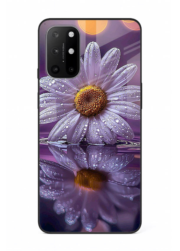 Purple daisy artwork on OnePlus 8T glass back cover with soft dewy tones.