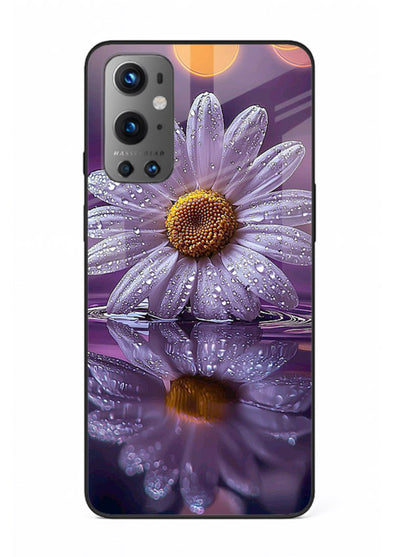 Purple daisy artwork on OnePlus 9 glass back cover with soft dewy tones.