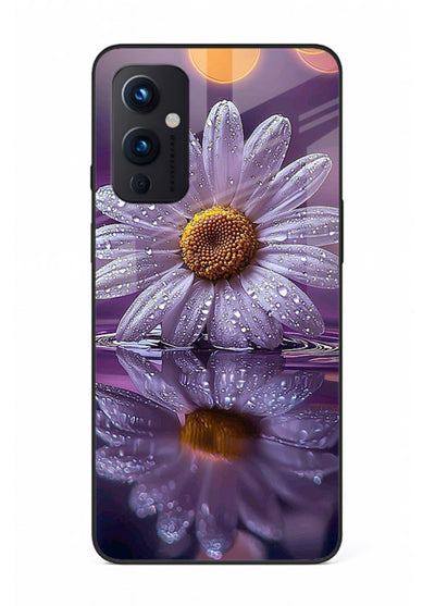 Purple daisy artwork on OnePlus 9 Pro glass back cover with soft dewy tones.
