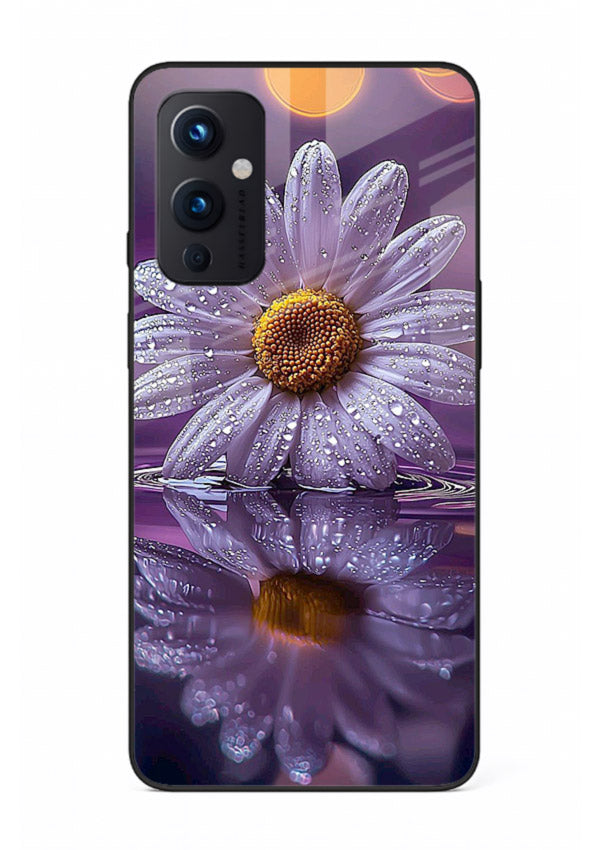 Purple daisy artwork on OnePlus 9 Pro glass back cover with soft dewy tones.