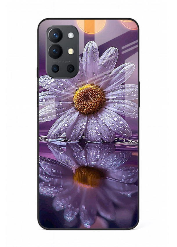 Purple daisy artwork on OnePlus 9R glass back cover with soft dewy tones.