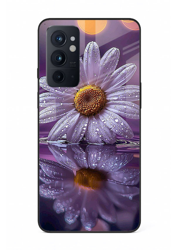 Purple daisy artwork on OnePlus 9RT glass back cover with soft dewy tones.