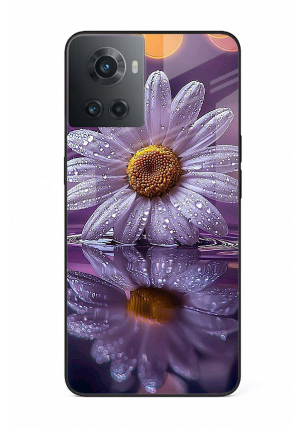 Purple daisy artwork on OnePlus 10R glass back cover with soft dewy tones.