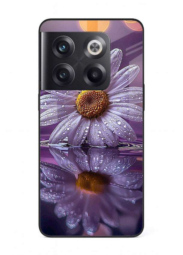 Purple daisy artwork on OnePlus 10T glass back cover with soft dewy tones.