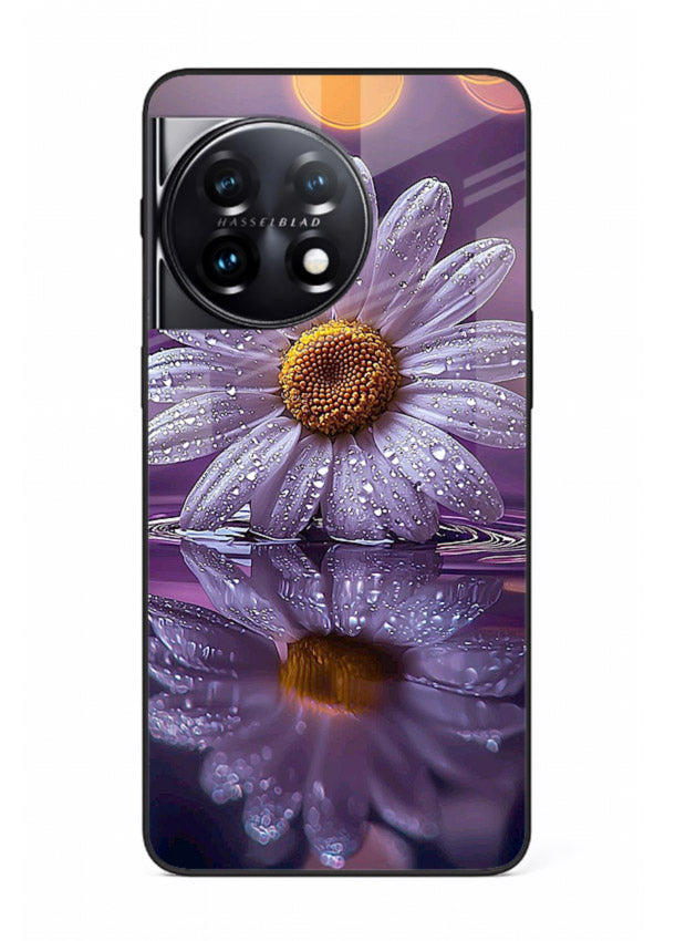 Purple daisy artwork on OnePlus 11 glass back cover with soft dewy tones.