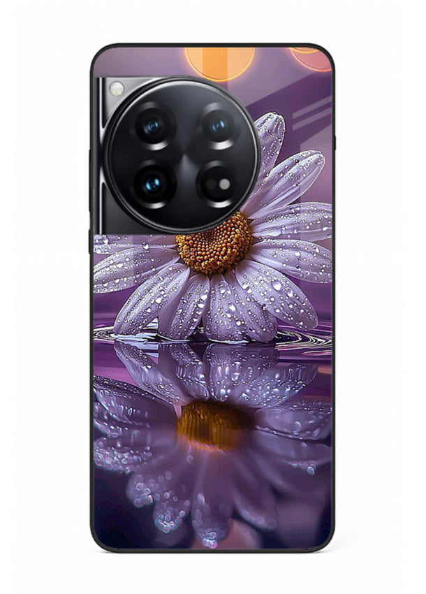 Purple daisy artwork on OnePlus 12 glass back cover with soft dewy tones.