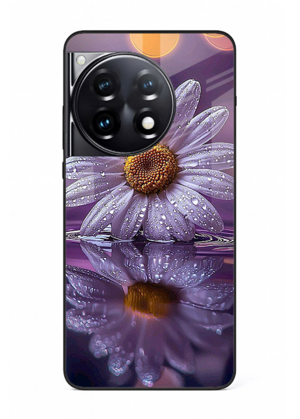 Purple daisy artwork on OnePlus 12R glass back cover with soft dewy tones.