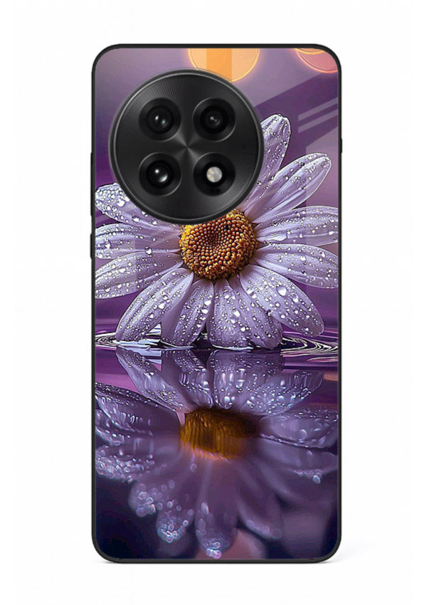 Purple daisy artwork on OnePlus 13R glass back cover with soft dewy tones.
