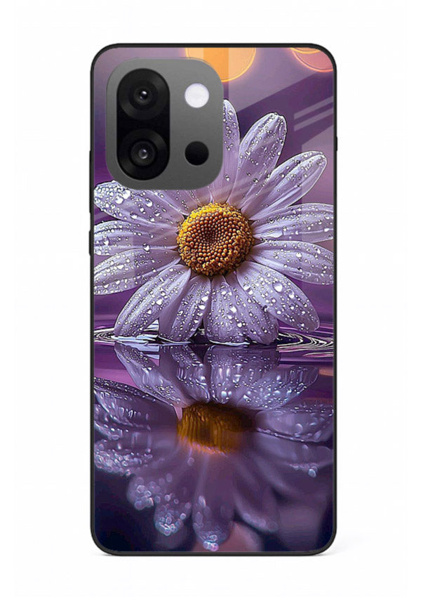 Purple daisy artwork on OnePlus 13s glass back cover with soft dewy tones.