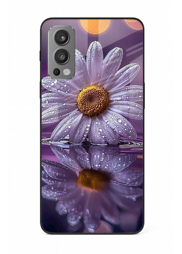 Purple daisy artwork on OnePlus Nord 2 glass back cover with soft dewy tones.